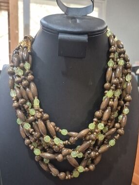 Joan Rivers 9-Strand Brown Wood and Light Green Bead Statement Necklace